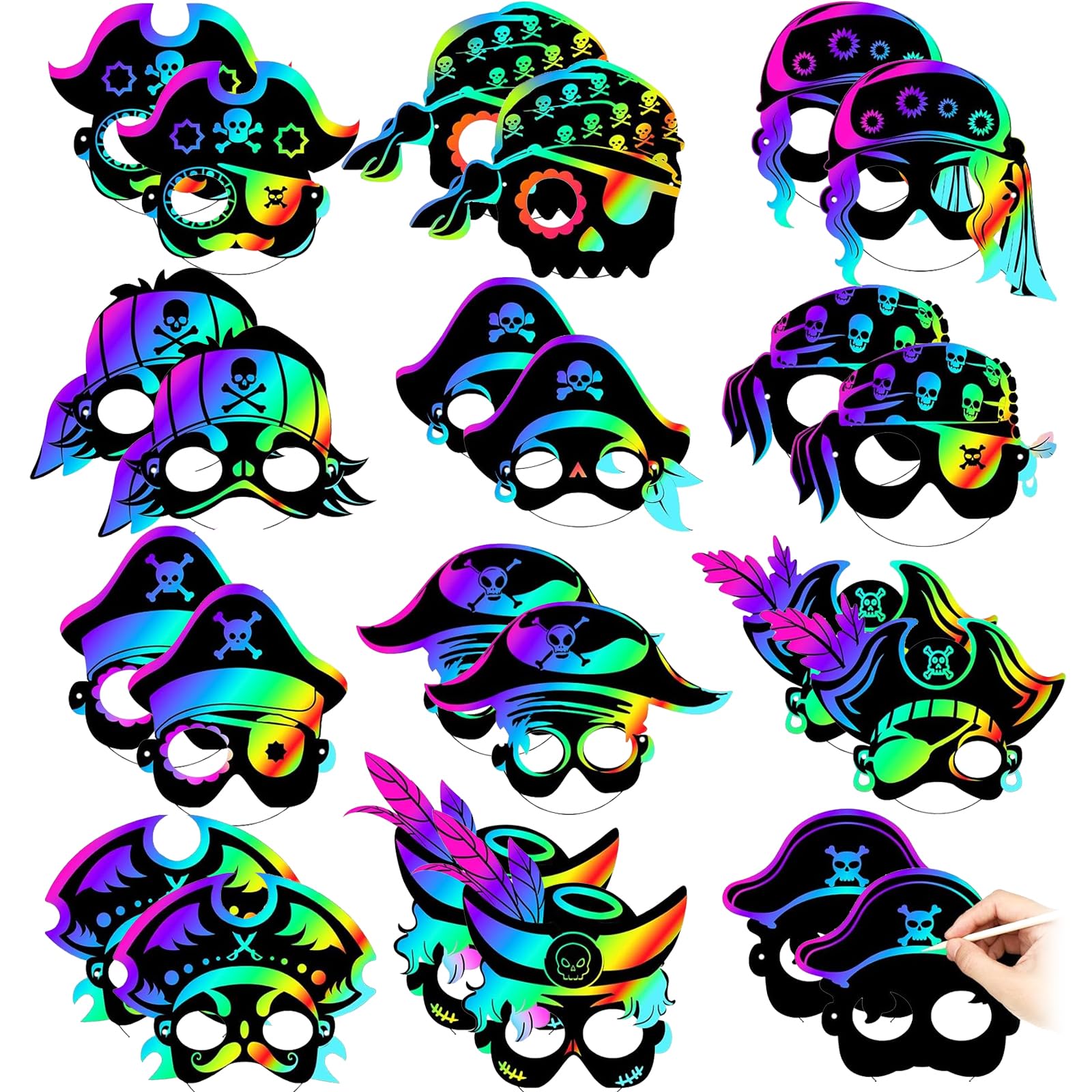 Cosysparks Pirate Scratch Masks for Kids, 24 Pcs DIY Paper Masks to Decorate Kids Funny Magic Scratch Art Mask Craft Kit for Halloween Birthday Cosplay Themed Party(Pirate)