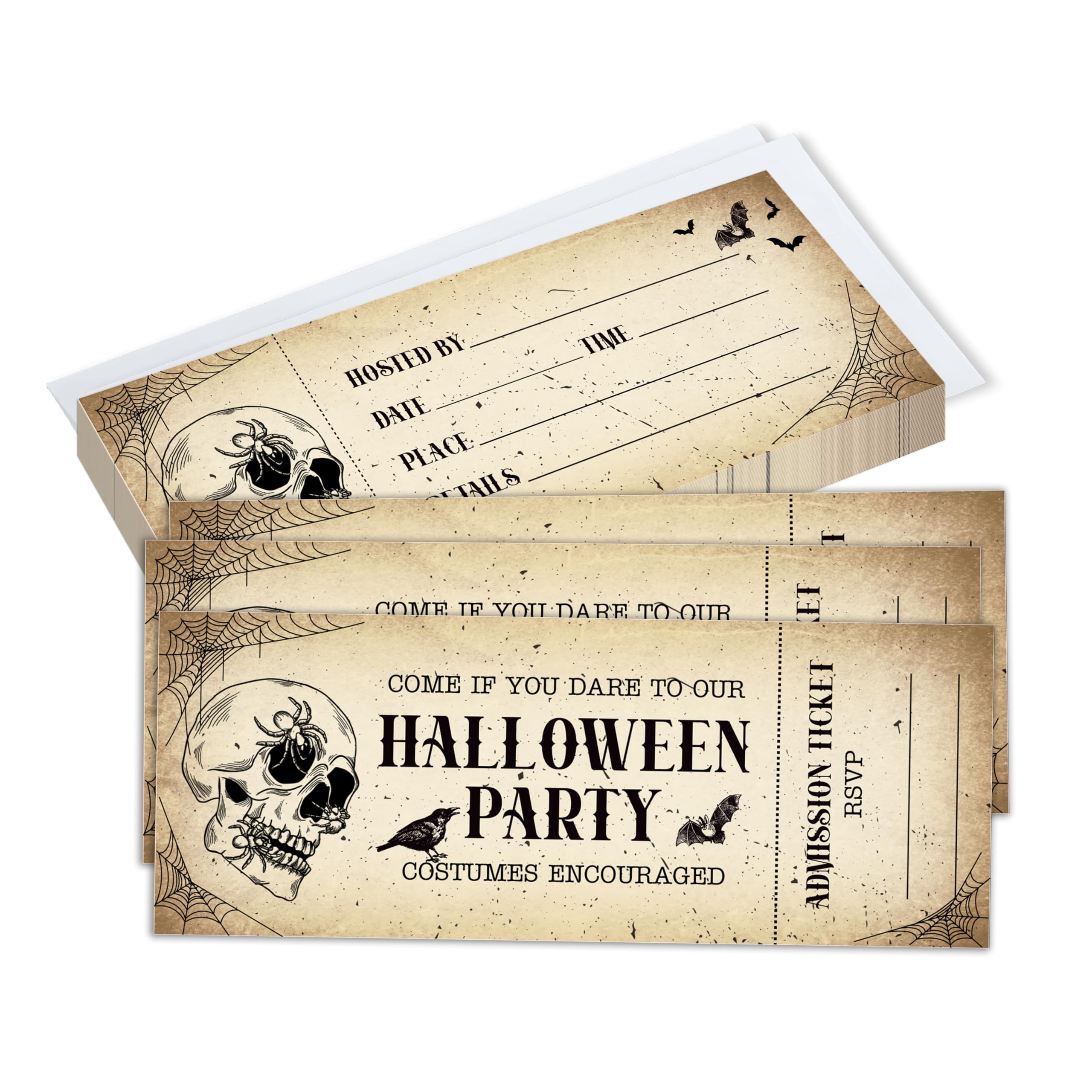 Photo 1 of 3"x8" Halloween Party Ticket Invitations Set Of 20 - Come If You Dare To Our Halloween Party - Retro Gothic Spider Web And Skull Double Side Print Invites With Envelopes - A05