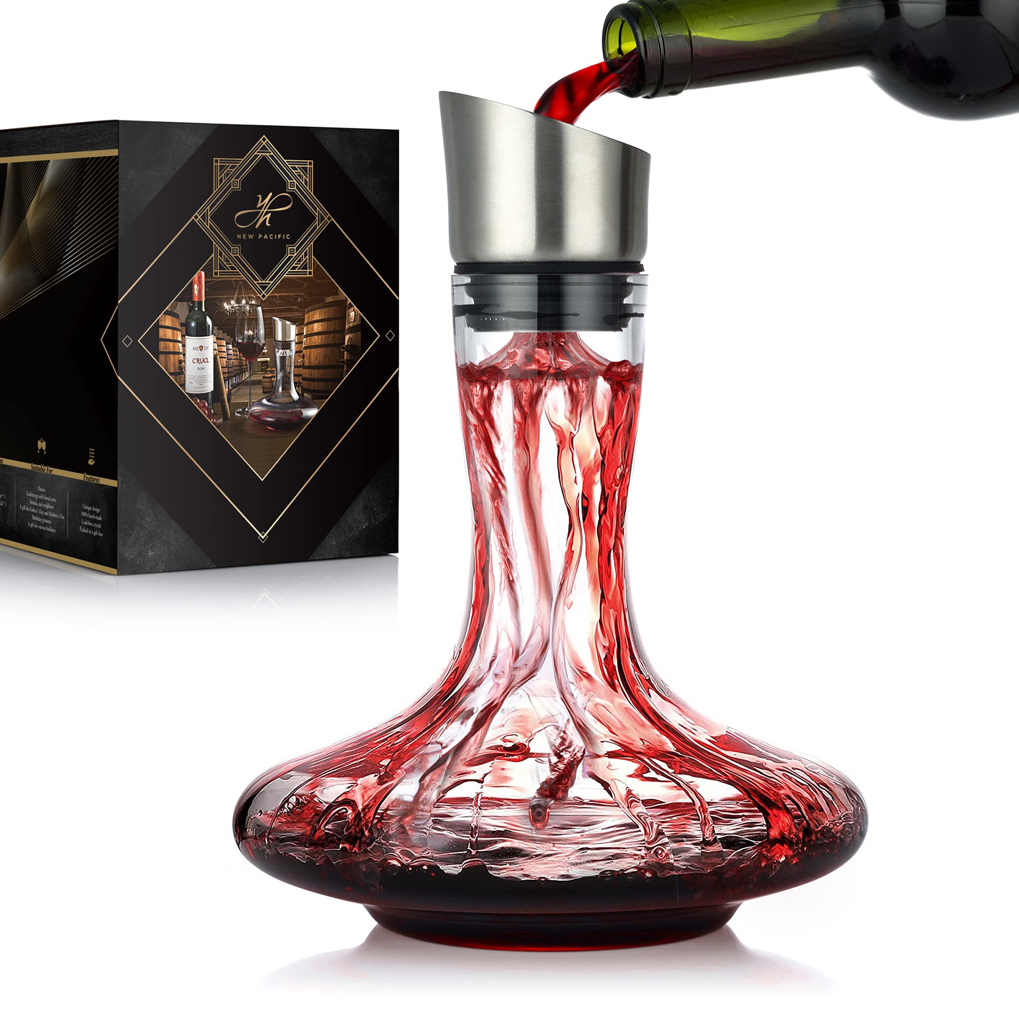 YouYah Wine Decanter with Built-in Aerator & Filter, Carafe, 100% Hand Blown Crystal Glass, Wine Accessories