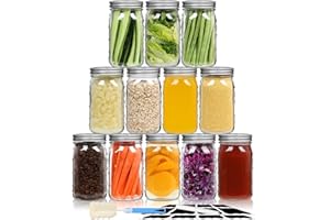 TOEKSIX Wide Mouth Mason Jars 32 oz/Quart with Airtight Lids and Bands 12 Pack, Clear Glass Jars for Canning, Preserving, Jam, Wedding Favors, Sauces,Meal Prep,Overnight Oats, Pickling,DIY Projects