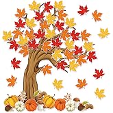 4Ft Big Tree Bulletin Board Set Spring Fall Summer Tree Bulletin Board Decoration with Maple Leaves Butterflies Pumpkins Cutouts for Classroom Home Chalkboard Wall Decoration, 74Pcs (Maple Leaves)