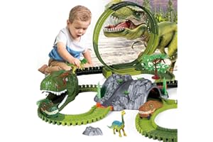 HIITYTIN Dinosaur Track Toy Set, 194pcs Flexible Track Toy Set with Dino Car, 360 Degree Rotation Car Track Toy, Create A Dinosaur World Road Race, Dinosaur Toys Track for Kids Ages 3 4 5 6 7 Year Old Boy Girl