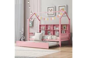 Harper & Bright Designs Twin Size House Bed with Trundle, Wood Twin Bed Frame with Shelf Compartment, Twin Montessori House Bed for Kids with Roof for Girls, Boys,No Box Spring Needed, Pink