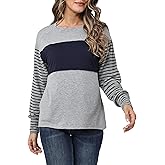 GEKCM Womens Long Sleeve Shirts Fall Loose Fit Crewneck Casual Color Block Fashion Dressy Work Outfit 2025 Gray Blue L