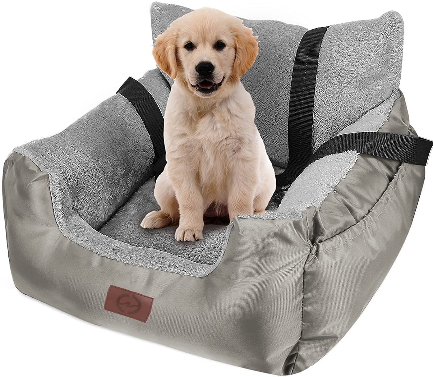 GoFirst Dog Car Seats for Small Dogs or Cats, Pet Booster Seat Travel Bed with Storage Pocket and Clip-On Safety Leash, Waterproof Warm Plush Dog Safety Seats,Silver Gray