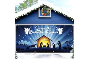 RATOYAL Christmas Nativity Garage Door Banner 16 x 7 ft, Large Christmas Garage Door Decors Jesus is The Reason The Season Backdrop Background Photo Holy Nativity Party Outdoor Banner