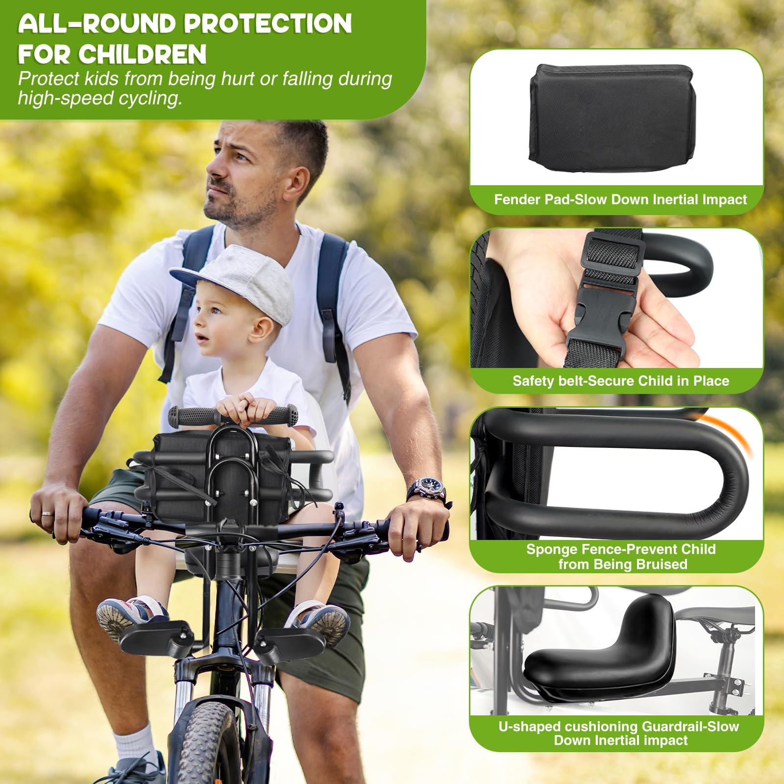 MEGHNA Bike Child Seat Front Mounted for Adult Bike Comfortable Baby Bike Seat with Backrest Adjustable Height and Position Bicycle Child Seat with Foot Pedals for Baby Toddle (Black - Style 1)