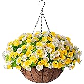 Ammyoo Artificial Hanging Flowers with Basket, Faux Silk Petunias Flower Arrangement, Coconut Lining with Morning Glories Fake Plants Patio Garden Porch Deck Fall Decor(Yellow and White)