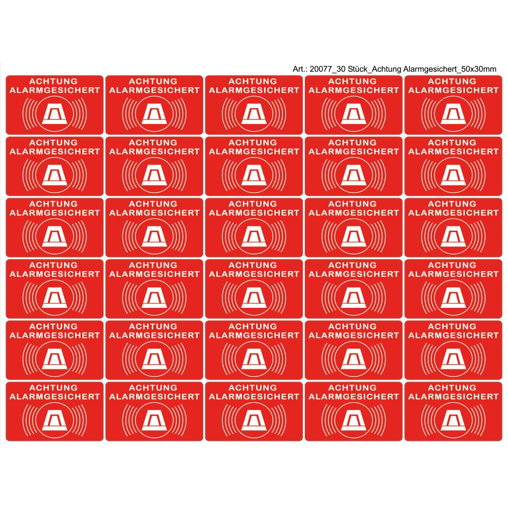 30 Stickers 'Caution Alarm Closure 50x30 mm/Self Adhesive Scratch and Weather Resistant