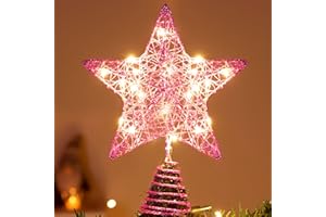 Joiedomi 8 inch Christmas Glitter Star Tree Toppers, Pink Star Lighted with 20 LED Warm White Lights for Xmas Decorations, Holiday Party Indoor Decor