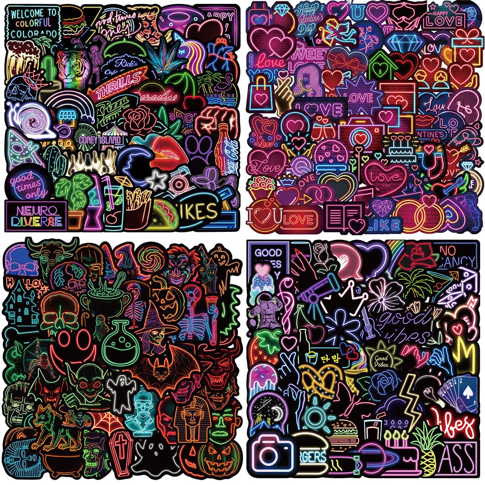 Vintage Cute Neon Stickers Pack, 200 PCS Cool Graffiti for Kids Teens Adult, DIY Vinyl for Skateboard, Water Bottle, Laptop, Car, Motorcycle, Bicycle, Luggage, Books