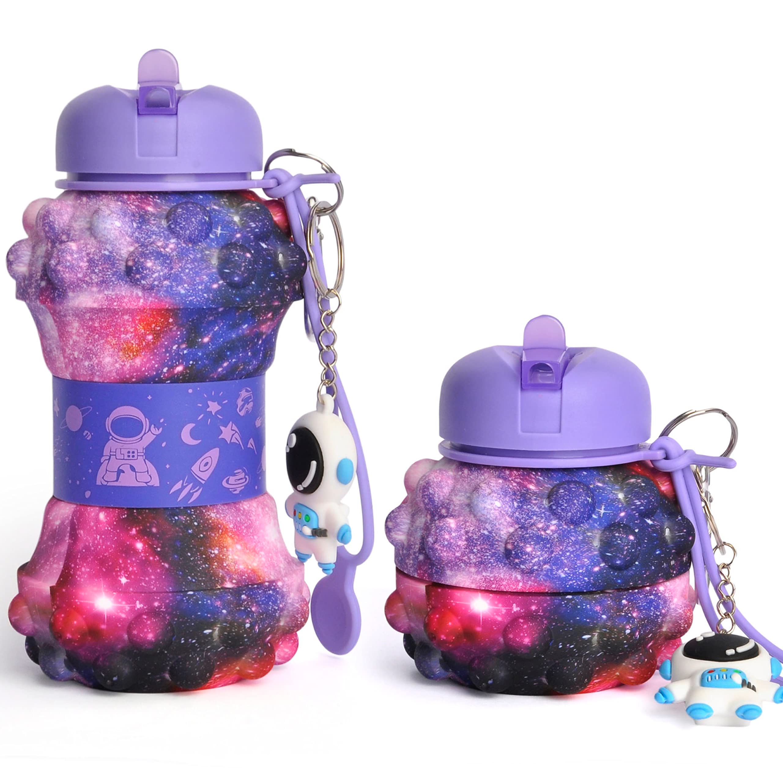 CARESWAY Kids Water Bottle with Keyring – 500ml Girls & Boys Kids Drinks Bottle - Foldable Collapsible BPA Free Childrens Water Bottle - Poppet Fidget Kids Water Bottles for School (Galaxy)