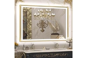 TETOTE Gold LED Bathroom Mirror with Lights 40x32 Front & Back Light Vanity Framed Mirror Baroque Anti Fog Dimmable White/Warm/Natural,CRI90+,Waterproof,Wall Mounted(Horizontal/Vertical)