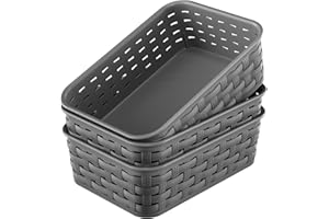 FUCDTEFC 3 Pack Small Plastic Basket, Storage Bin Baskets for Organizing, Pantry Organizer Household Wicker Storage for Laundry Room, Bedrooms, Kitchens, Cabinets, Countertops, Dark Gray