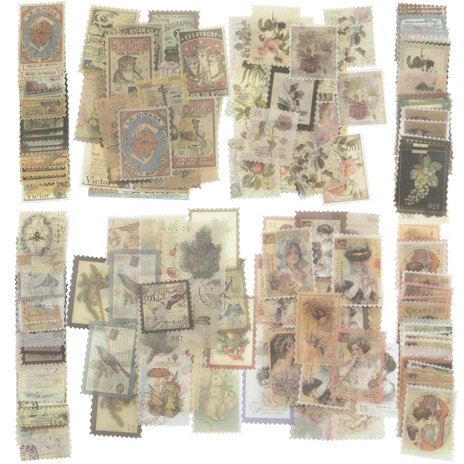 240pcs Vintage Postage Stamp Stickers, Aesthetic Botanical Deco Paper Sticker for Scrapbooking, Journaling Supplies, Planners, Kid DIY Art Crafts