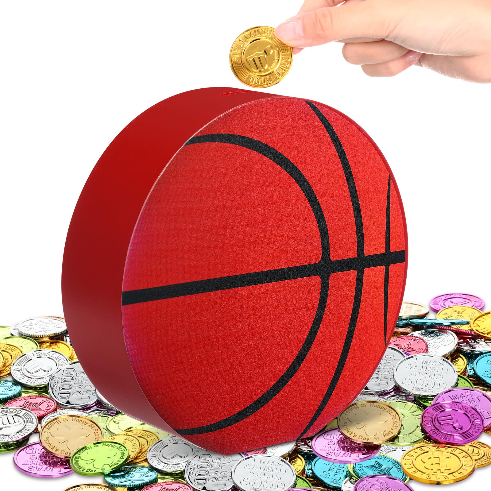 Photo 1 of Maxdot Basketball Piggy Bank Wooden Sports Themed Coin Bank Shatterproof Money Saving Box for Adults Birthday Party Gift Desktop Decoration, Large Size, 7.87 Inch