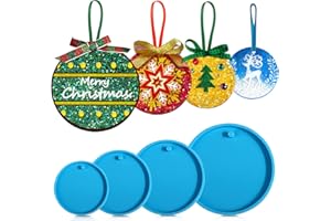 Juome Christmas Ornaments Resin Molds Silicone, 4 Pcs Round Shape Pendant Christmas Molds for Epoxy Resin, DIY Crafts Keychain Making Christmas Tree Decorations