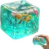 Ice Cube Squishy Stress Balls, Slow-Rising Sensory Fidget with Sea Shells | Soft Non-Toxic Squeeze Cube for Adult, ADHD, Anxiety Relief |Square Squishy Fidget Toy for Focus &amp; Calm for School, Office