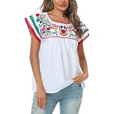 Women's Mexican Embroidered Top Boho Floral Blouse Independence Day Shirts