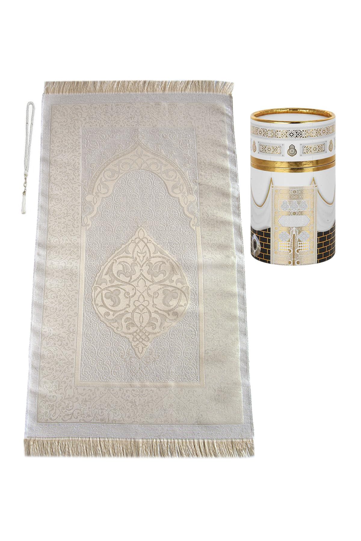 ihvan online Muslim Prayer Rug and Prayer Beads with Elegant Design Cylinder Gift Box, Janamaz, Soft Sajadah, Islamic Gifts Set, Portable Prayers Carpet Mat, Taffeta Fabric, White / Mod2