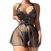 Foxiny Sexy Halter Backlee Sheer Mesh Lace Babydoll Lingerie Dress With Thong 2 Piece Outfits