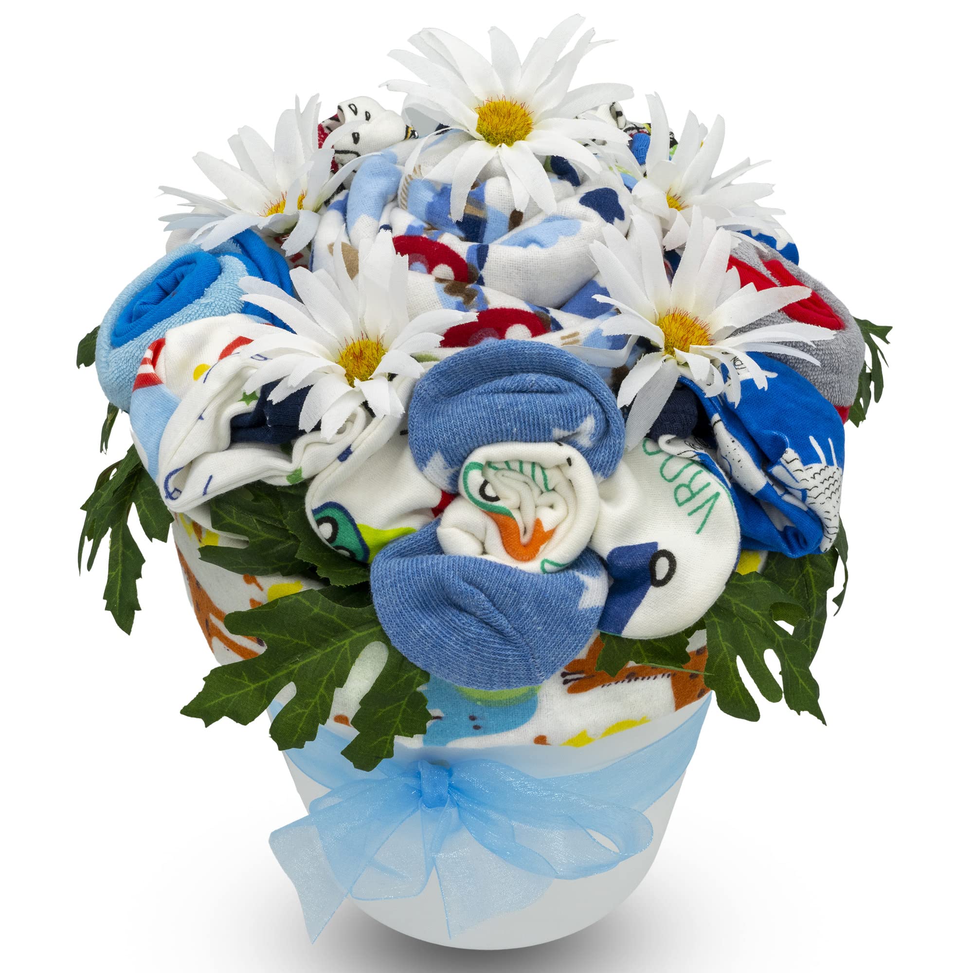 Deluxe Baby Blossom Clothing Bouquet | Newborn Baby Boy Gift Set | Unique Baby Gift Basket for Expecting Moms | New Baby Gift Basket | Blue Baby Gift Set | Baby Boy Outfits | Nikki's Gift Baskets