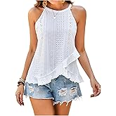 Verdusa Women's Boho Eyelet Embroidered Halter Top Sleeveless Ruffle Asymmetrical Tops