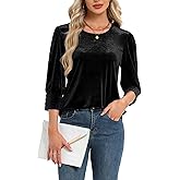 AxByCzD Womens Velvet Tops Trendy Dressy Casual 3/4 Length Sleeve Round Neck Elegant Blouses