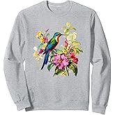 Vintage Hummingbird Illustration With Flowers Birdwatchers Sweatshirt