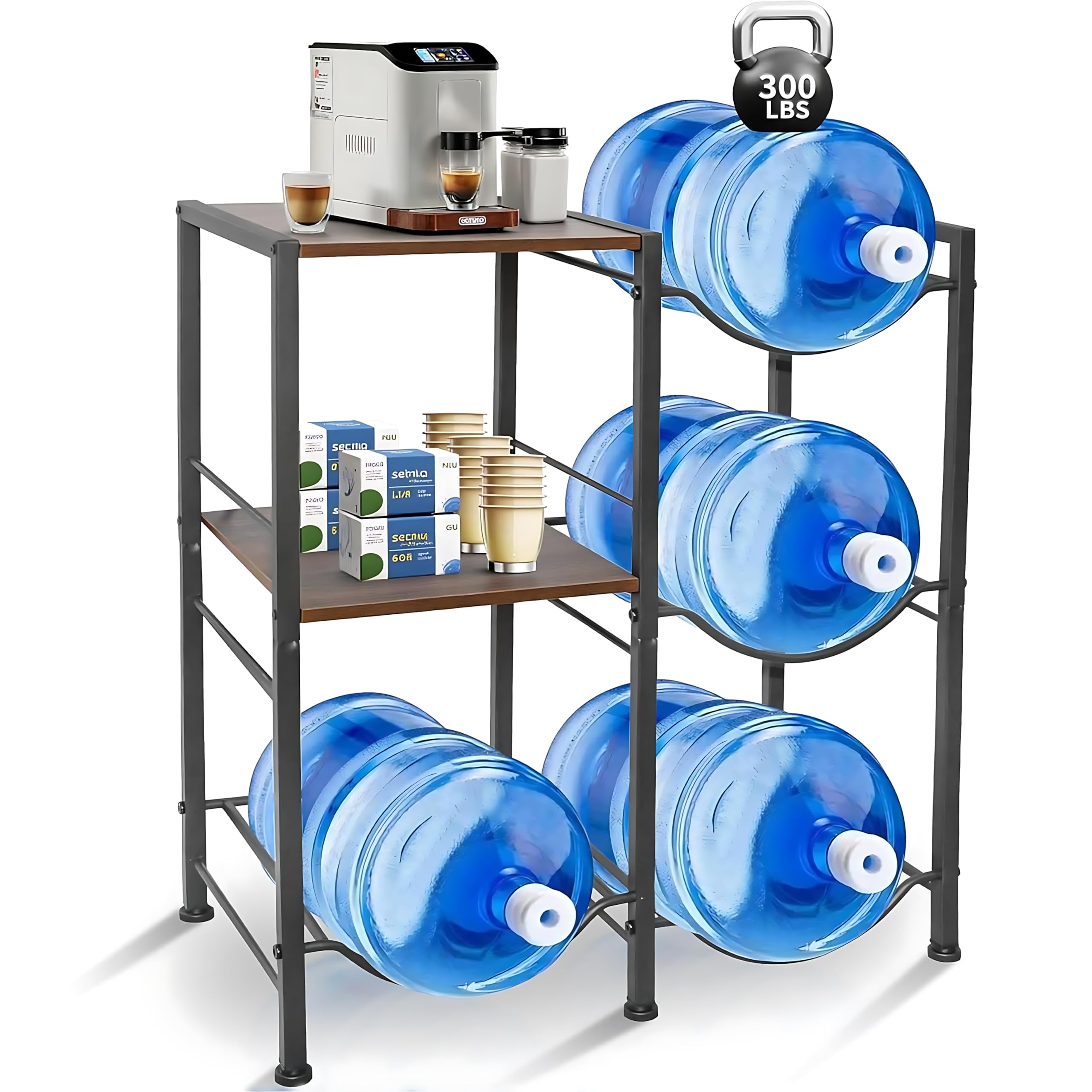 Photo 1 of 3-Tier 5 Gallon Water Bottle Holder, Heavy Duty Water Jug Rack with Wood Top Shelf, Water Dispenser Stand for Kitchen, Office, Garage