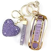 YIKECASE Key Fob Cover with Diamond Keychain Compatible with Porsche Car Key Holder Compatible with Porsche Cayenne Panamera 2018-2024, Carrera Taycan 2020-2024 for Women, 3 Buttons (Purple-Heart)