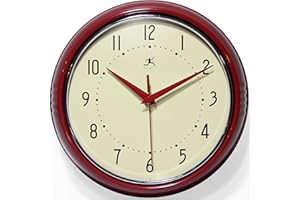 Infinity Instruments LTD. Retro 12 inch Silent Sweep Non-Ticking Mid Century Modern Kitchen Diner Wall Clock Quartz Movement Retro Wall Clock Decorative (Red)