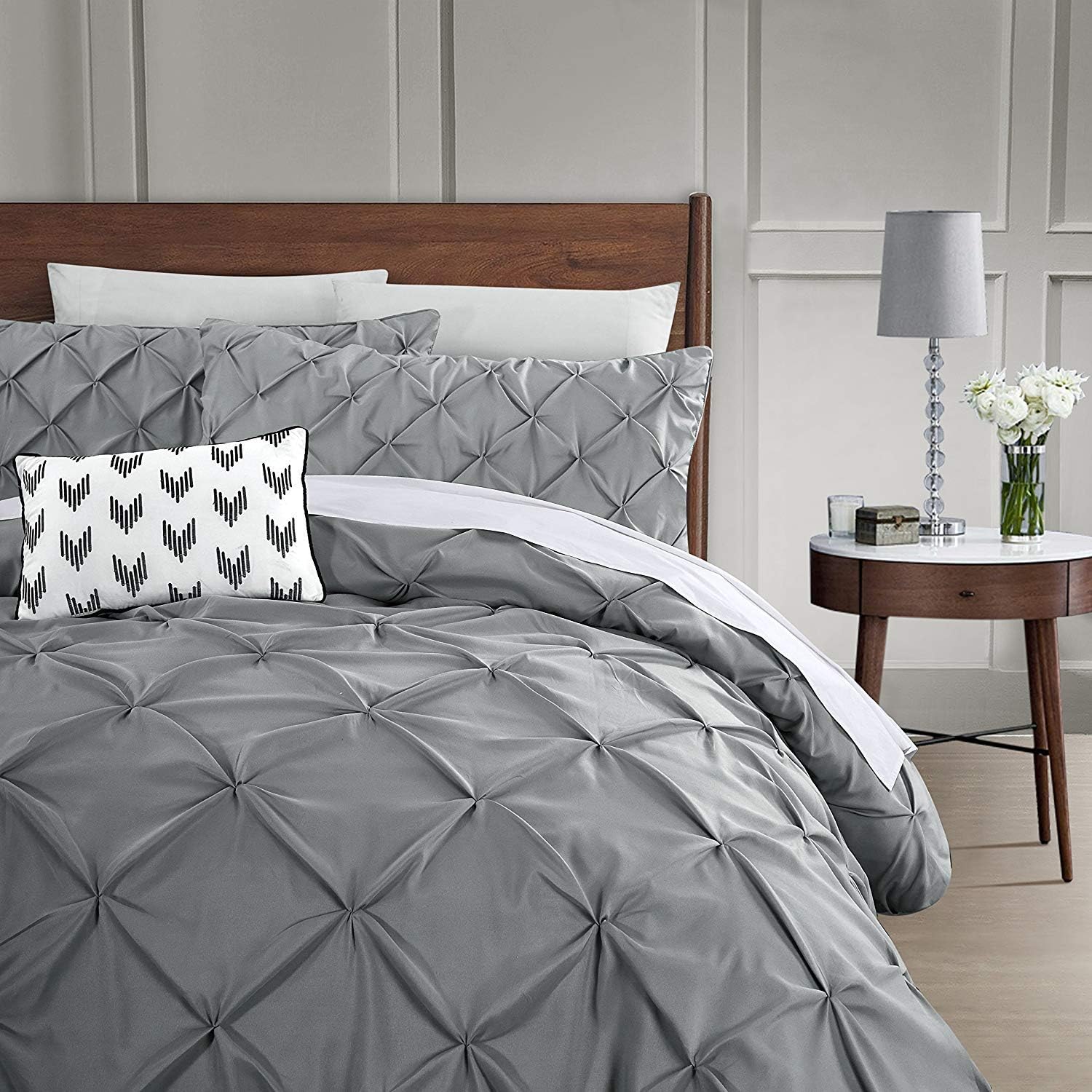 HOME HUG TEXTILES Grey Duvet Cover King,100% Microfiber Polyester,Pinch Pleat Duvet Cover Set,3-Piece,Pintuck Grey Bedding Set with Zipper Closure and Corner Ties
