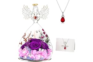Lafloraita Mothers Day Preserved Rose Gifts for Women Mom Grandma Wife,Glass Angel Figurines with LED Light,Four Real Rose Flowers Purple