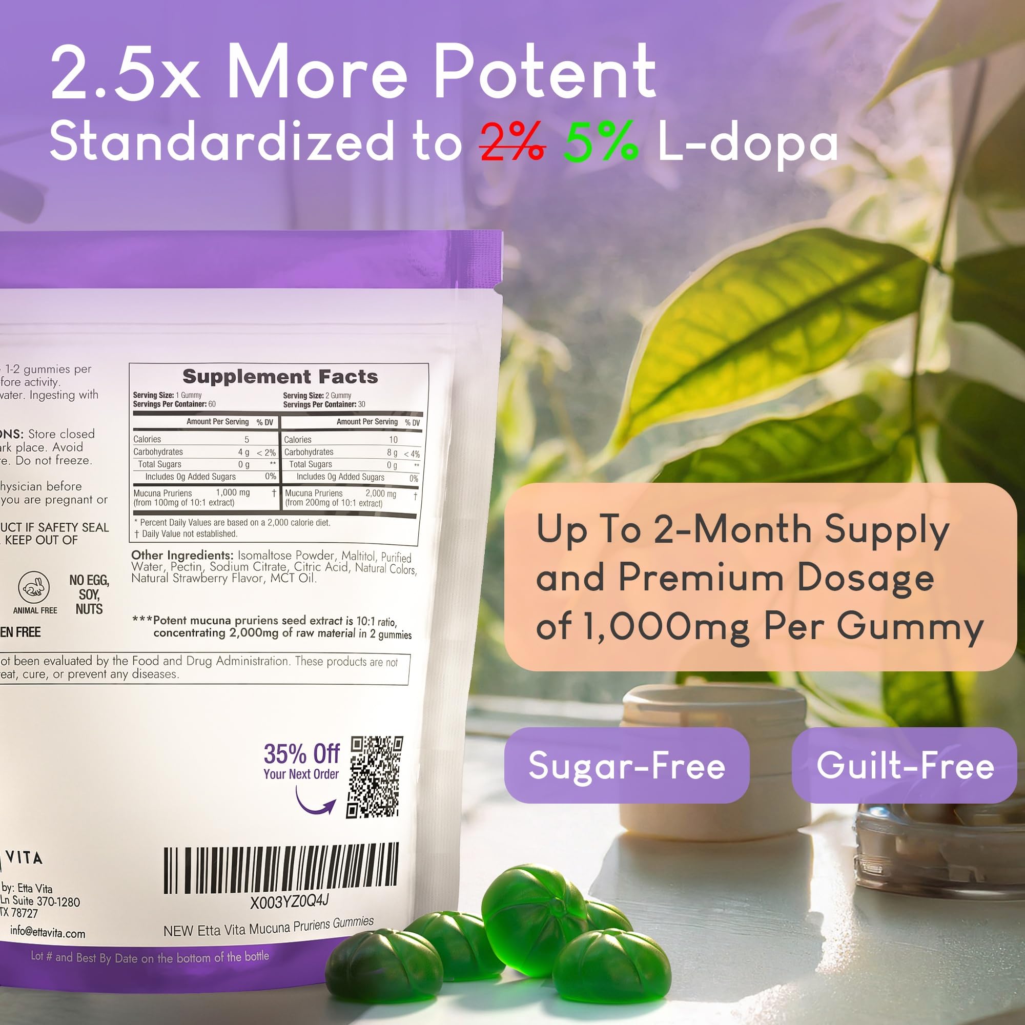 Dopamine Supplement - Sugar-Free Mucuna Pruriens Gummies (2g/serving) Energy & Focus Gummies - Potent Mucuna Pruriens Extract Supplement for Calm Mood and Motivation, Vegan, Non-GMO, Gluten-Free, 60ct