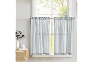Lazzzy Kitchen Curtains Linen Striped Blue Tier Cafe Curtains for Bathroom Kitchen Farmhouse 24 Inch Length Rod Pocket Window Treatment Tiers 2 Panels Set Blue on Beige