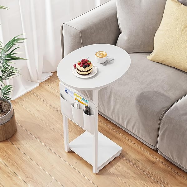 VAGUSICC C SHAPED END TABLE, SIDE TABLE FOR COUCH, SMALL COUCH SIDE TABLE FOR SMALL SPACES, SLIDE UNDER SOFA TRAY DESK WITH STORAGE BAG, ROUND SIDE TABLES FOR LIVING ROOM AND BEDROOM, WHITE