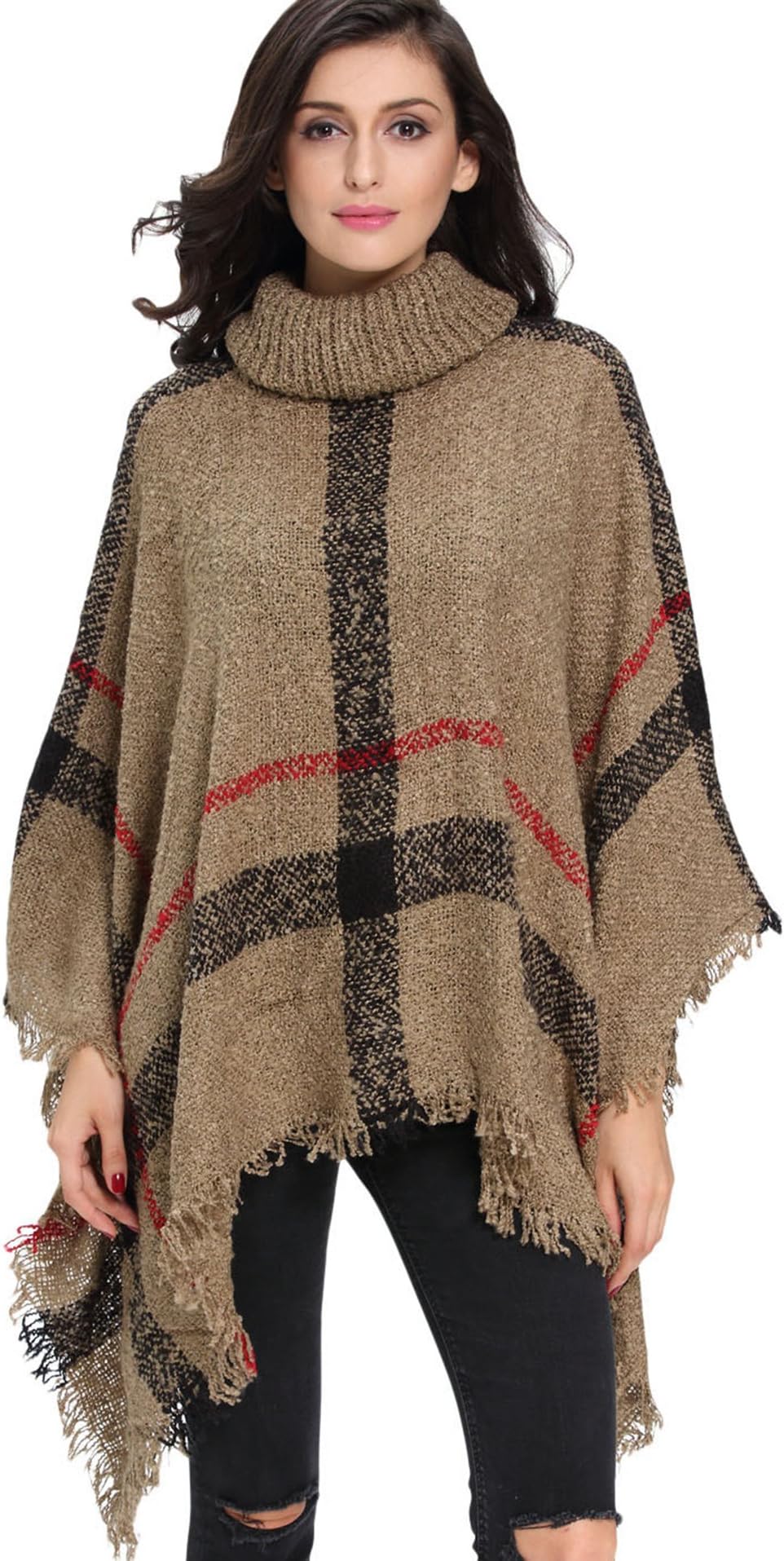 Charmley Women Bohemia Long Cape Striped Pattern Knitted Shawl Poncho Turtleneck Sweater with Tassel Brown