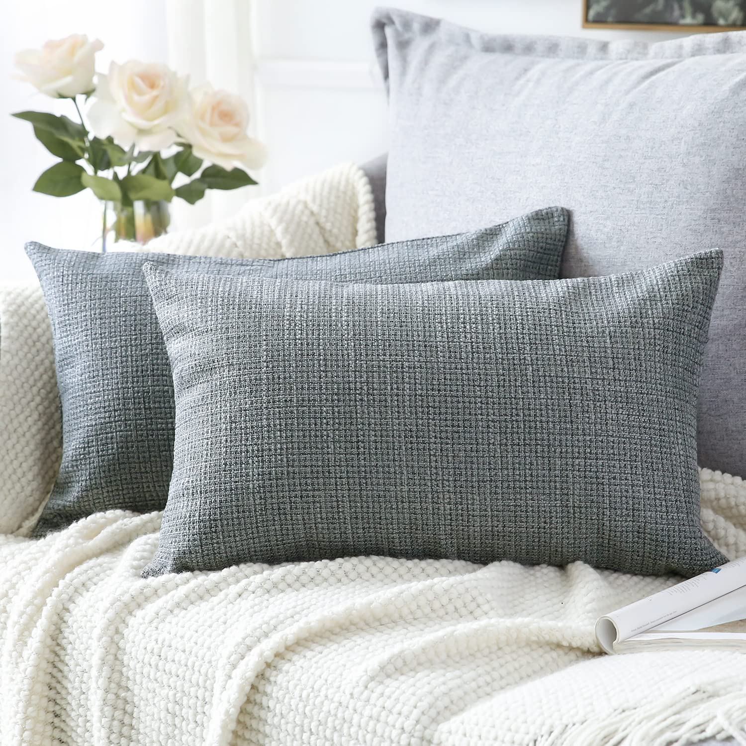 Artscope Cushion Covers Set of 2 Linen Decorative Square Pillowcases Pillow Covers 30x50cmfor Home Decor Sofa Bedroom Car (Dark Gray, 12x20) — image 1