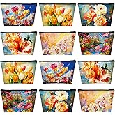 Sweetude 12 Pcs Oil Painting Flowers Makeup Bag Bulk Portable Travel Cosmetic Bags with Zipper Retro Floral Waterproof Roomy Travel Beauty Toiletry Organizer Storage Pouch for Women Gifts