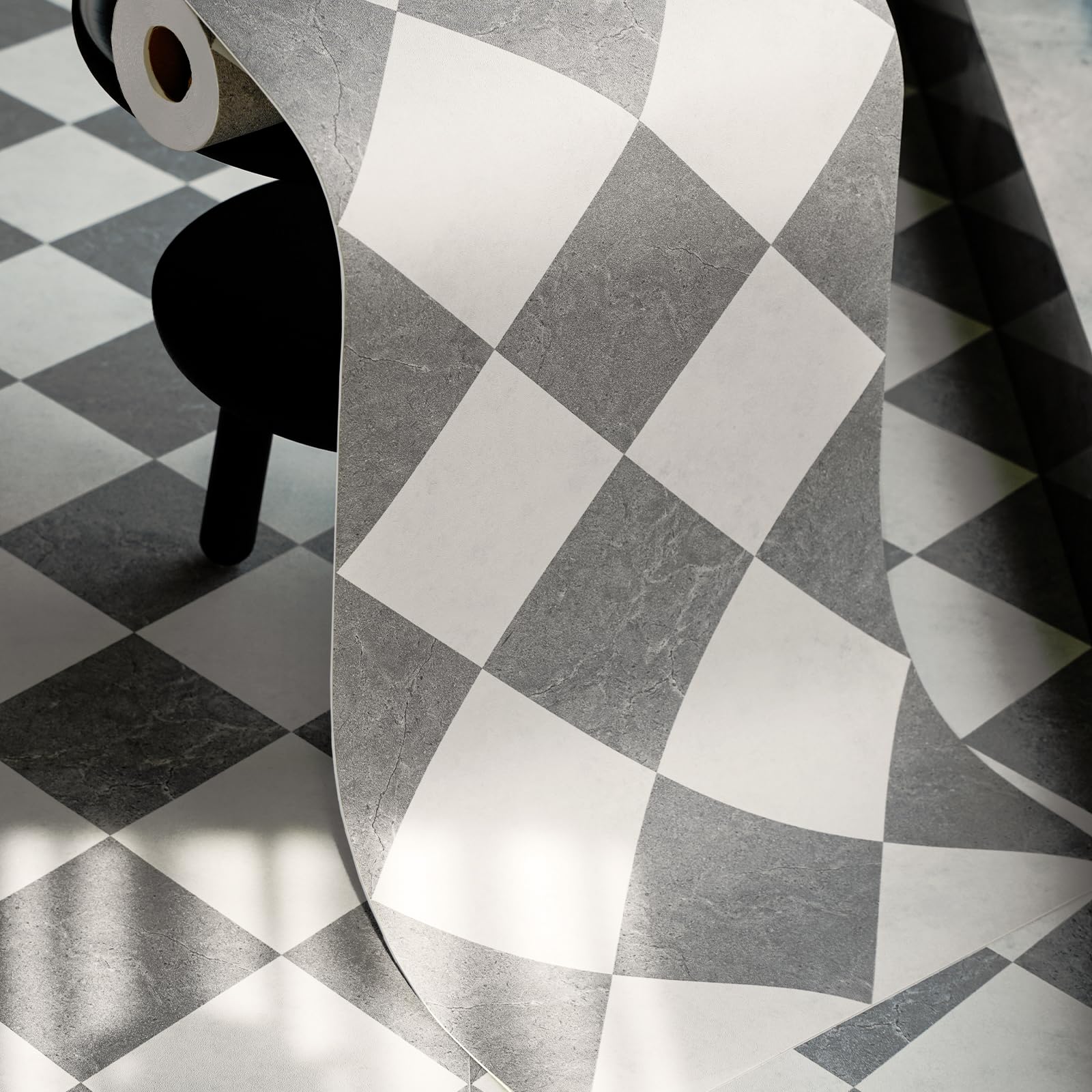 Photo 1 of auxua Peel and Stick Floor Tile, Grey Checked Pattern Continuous Vinyl Roll Flooring – 15.7'' x 19.68 ft Roll Covers 25.83 sq. ft, Effortless Alignment, Seamless Look Design for Bathroom, Kitchen