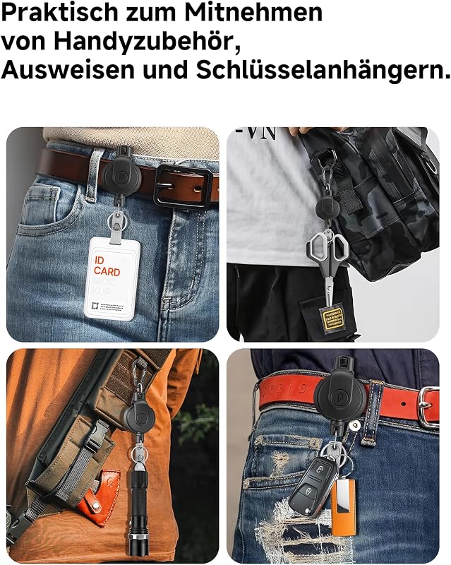 Einziehbarer Schlüsselanhänger - 360° Drehbar, Dauerhaft Ausziehbarer Karabiner-Ausweishalter, Taktische ID-Ausweisrolle mit Ausziehbar, 80cm/31,5 Zoll-Stahlschnur, 250g/8,8 oz - Schwarz