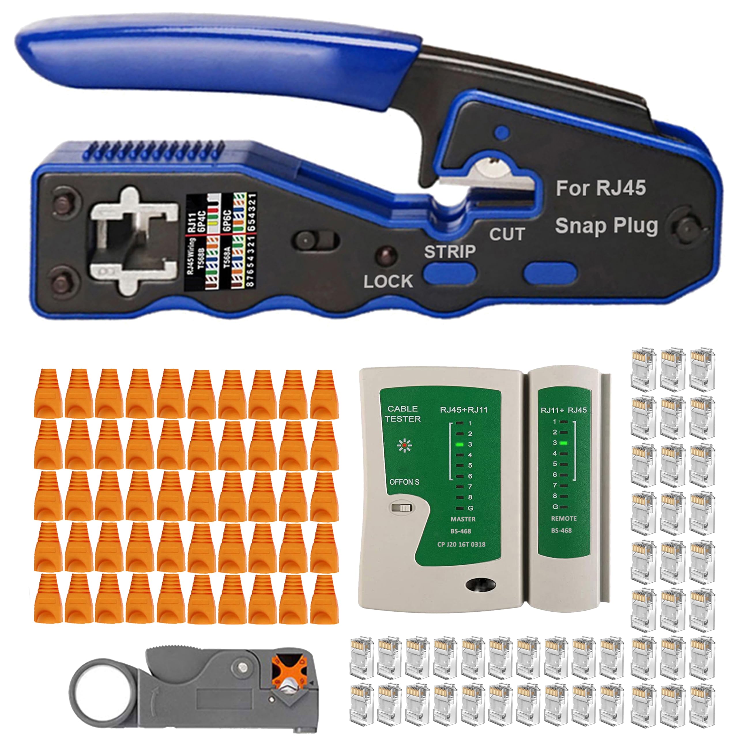 MAYLINE Crimper CAT5/CAT6/Cat5e Cable Portable Phone Network Repair Kit, RJ45/RJ11/RJ12 Crimp Stripping Cutter Set, Professional Wire Crimping Tester Tools, End-Pass-Through Connectors (Green)
