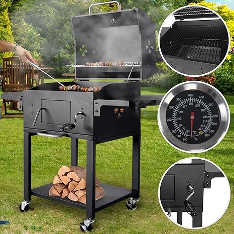 broil-master BBQ Holzkohlegrill | mit Rollen, Temperaturanzeige und Feuerbox, aus Stahl, Schwarz | Smoker, Holzkohle Grillwag