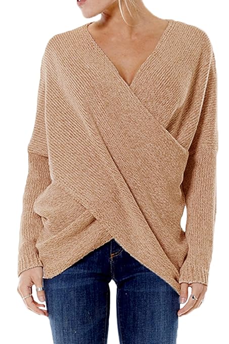 YOINS Damen Pullover Oberteile Strickpullover für Damen Herbst Winter Langarm V-Ausschnitt Batwing Cross Front