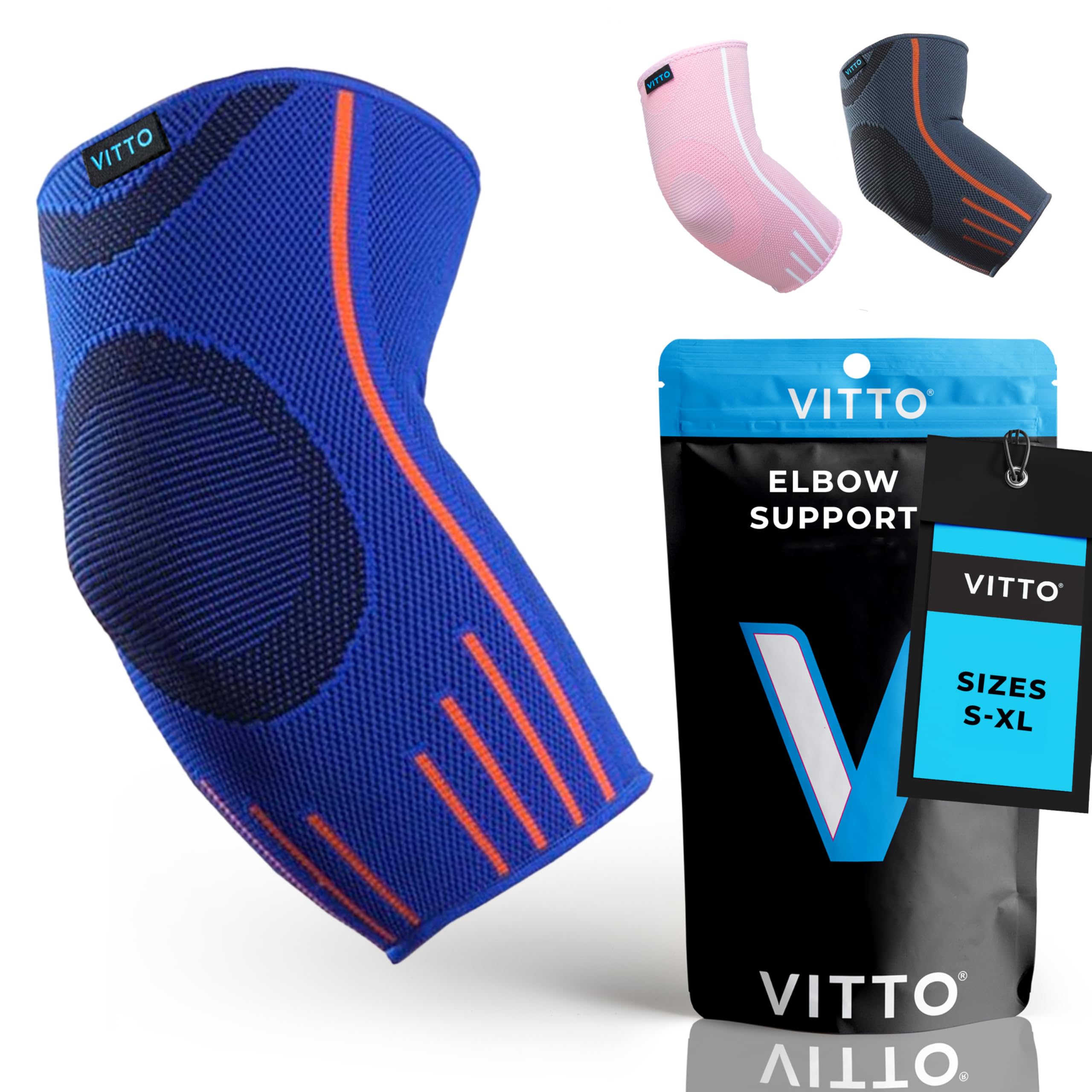 VITTO Elbow Support for Men & Women - Compression Sleeve for Tendonitis, Arthritis, Injury - Tennis Elbow Support Strap, Arm Sleeves for Weightlifting (L, Blue, Single)