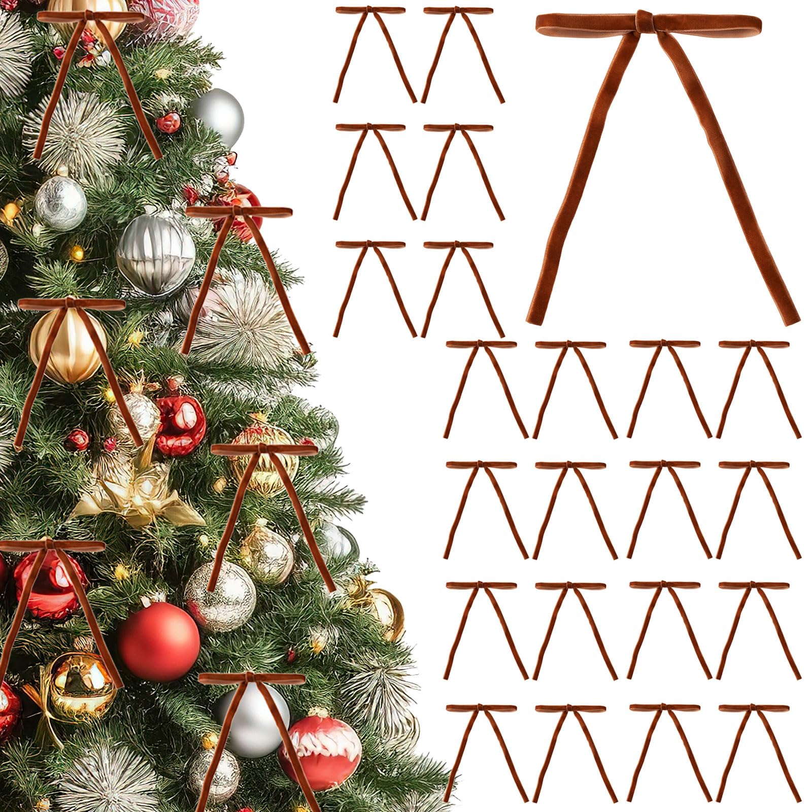 Photo 1 of 24Pcs Velvet Bows for Christmas Tree - 5 × 7 Inch Velvet Christmas Tree Bow - Brown Bows for Gifts Wrapping - Home Decor - Wedding - Vintage Garland - Holiday Decorations