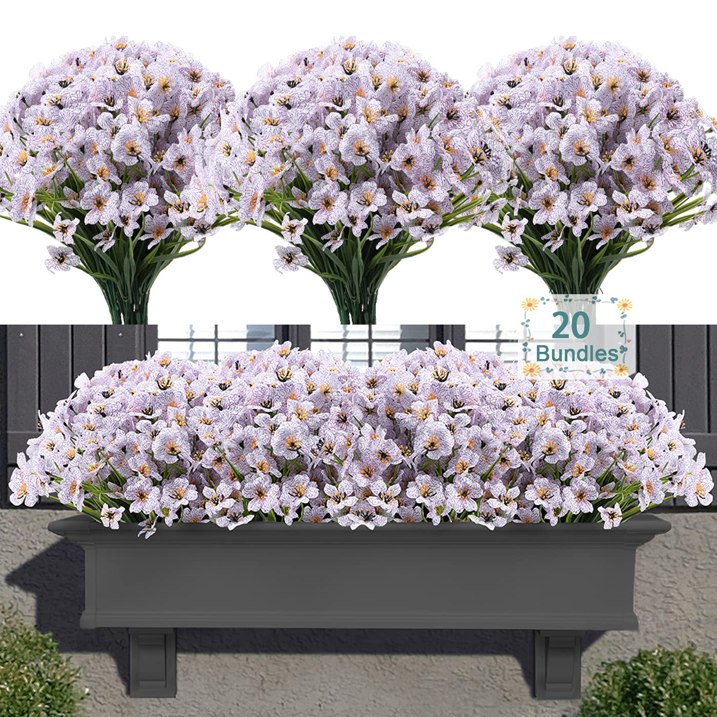 Photo 1 of 20 Bundles Artificial Flowers for Outdoors, UV Resistant Fake Flowers with Plastic Plants, Faux Silk Flowers for Planter outdoors, Fake Realistic Flowers for Window Box Front Porch Patio Decor-White