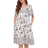 CRIPOM Womens Nightgown Short Sleeve House Dress with Pockets-Floral Print Mumu Dress S-3XL