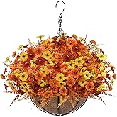 Artificial Fake Hanging Baskets Fall Flowers for Outdoors Decoration, 189 Silk Mums & 54 Boston Ferns UV Resistant Look Real Faux Plants for Outside Yard Patio Porch Garden Balcony Home Autumn Decor